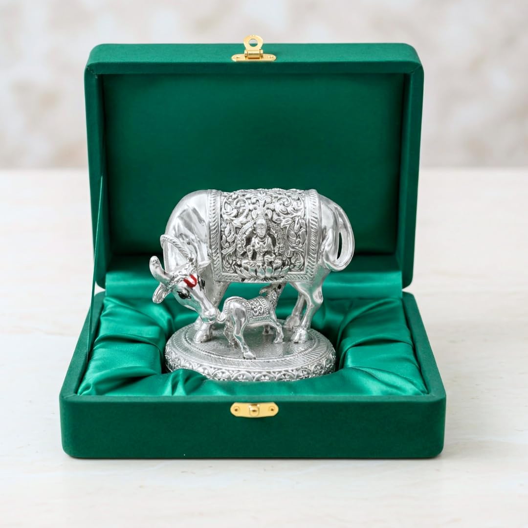 999 Pure Silver Plated Kamdhenu Cow Idol