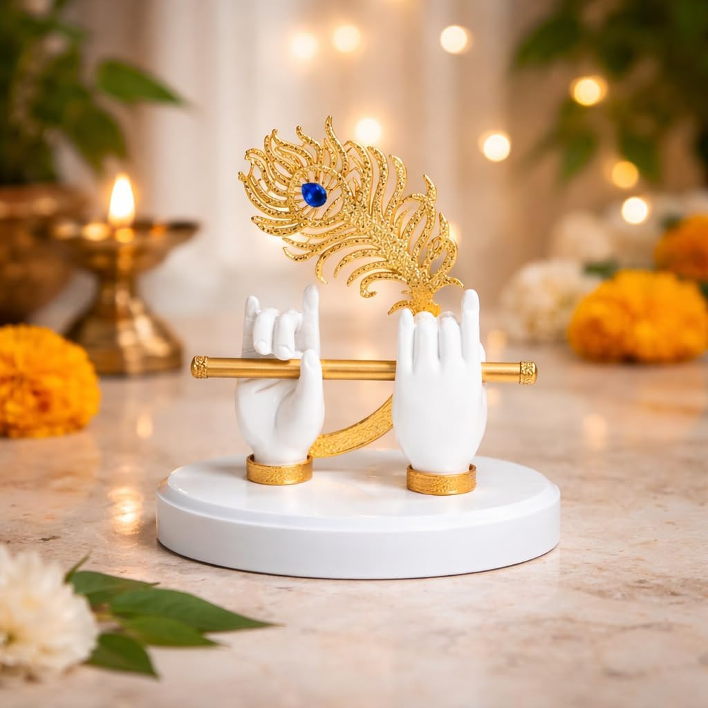 Krishna Hand with Flute Idol Peacock Feather Mor Pankh